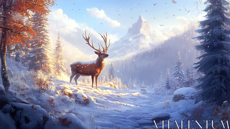 Majestic stag stands in bright snowy mountain valley.