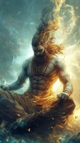 Mystical blue-skinned yogi in fiery, glowing meditation.