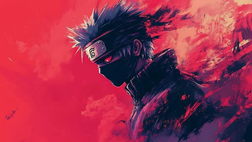 Masked anime ninja with glowing eye in red abstract background