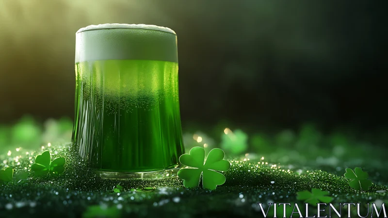 Green beer glass stands amid glowing clover on moss