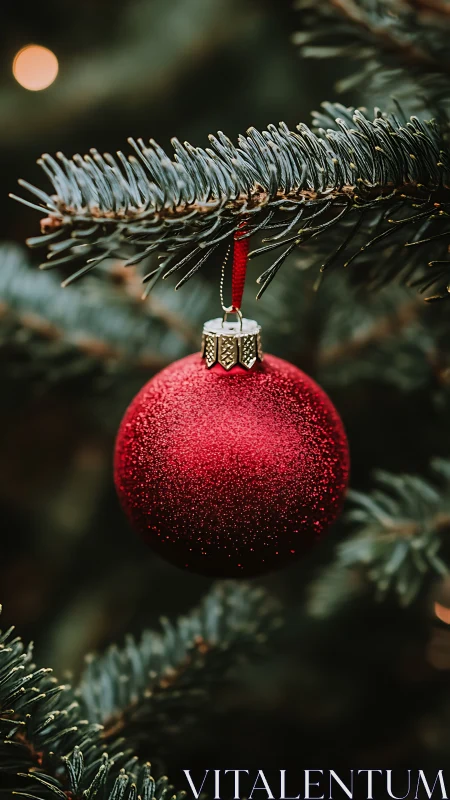 Macro study of red glitter bauble on evergreen fir branch