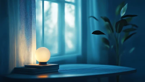 Glowing orb table lamp against cool blue night window scene.