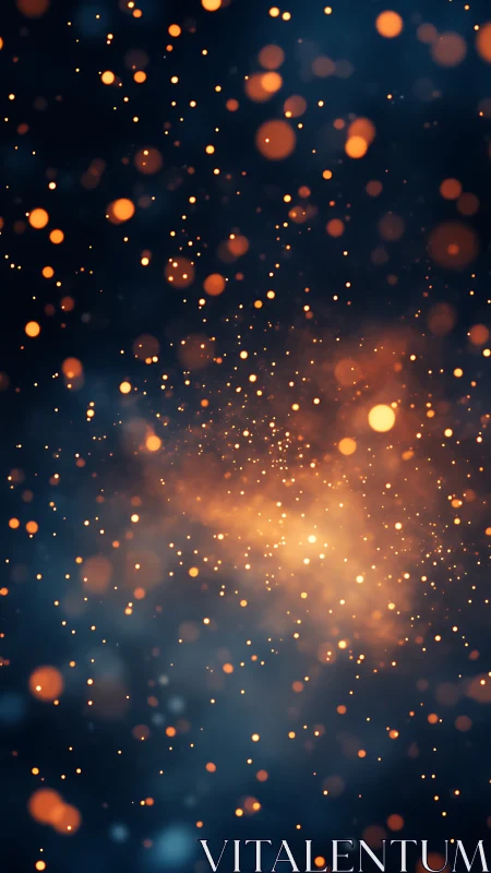 Orange bokeh particles float against dark blue blurred background.