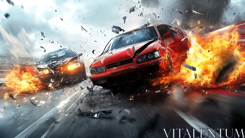 Explosive highway crash with flaming red sports car impact.