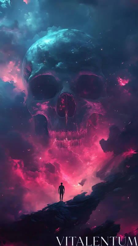 Solitary figure confronts cosmic skull in neon storm clouds