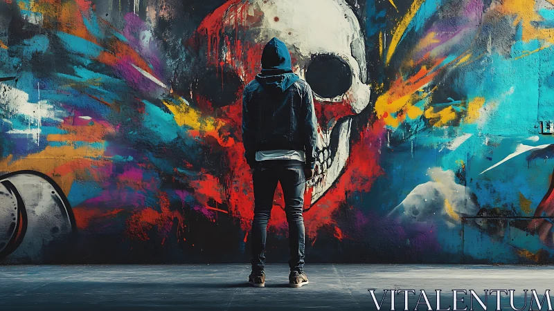 Hooded street artist facing a blazing skull graffiti mural.