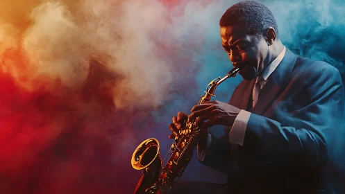 Smoky jazz saxophonist in vivid red and blue stage light.