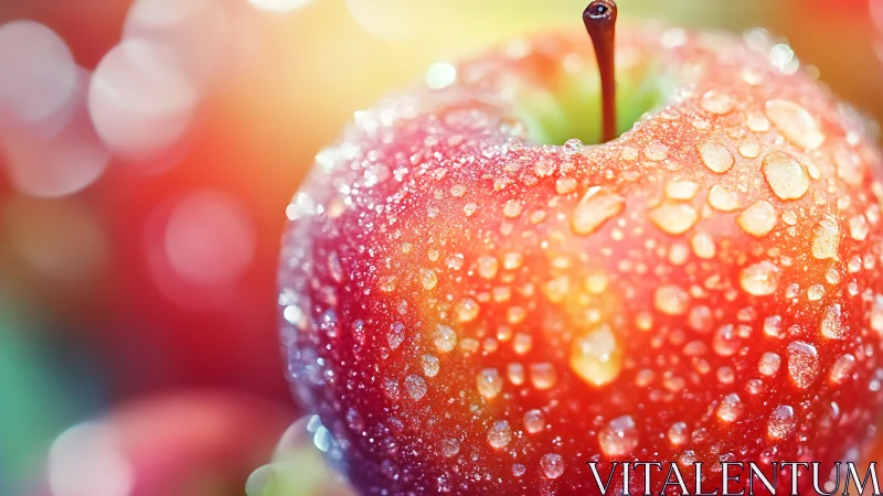 Vivid macro close-up captures dewy red apple in soft bokeh.