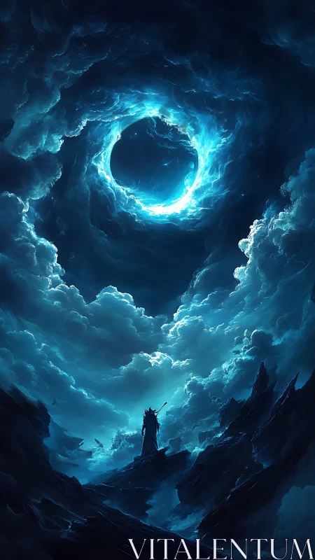 Lone skyward wanderer beneath a stormlit celestial vortex.