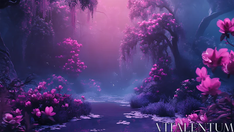 Enchanting violet forest glows softly around a quiet river