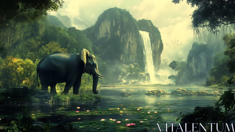Elephant stands at forest river before distant waterfall cliffs