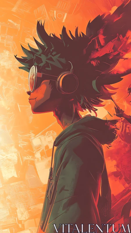 Neon street listener stands in blazing orange city glow.