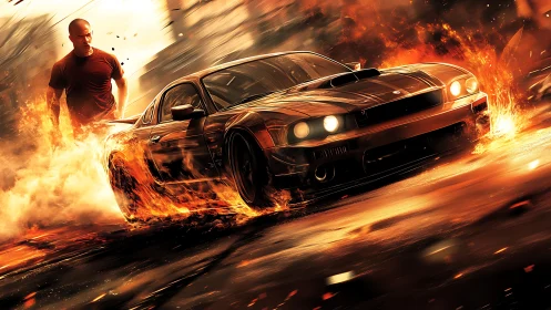 Muscle car moves through stylized fire with figure behind