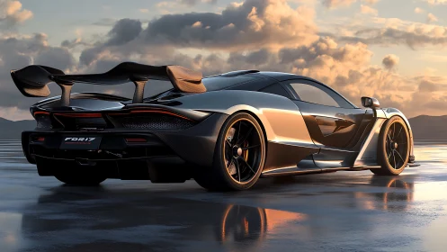 High-performance sports car is rendered on reflective wet surface