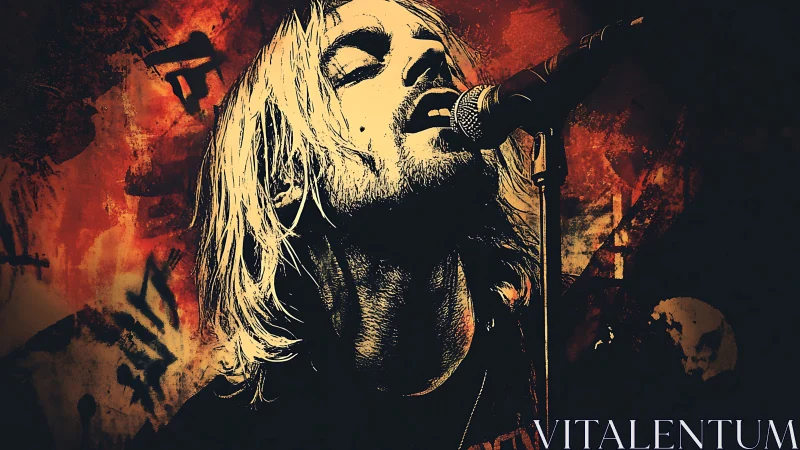 Grunge style illustration of rock vocalist at microphone.
