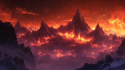 Volcanic Mountain Range with Lava Fields and Atmospheric Haze