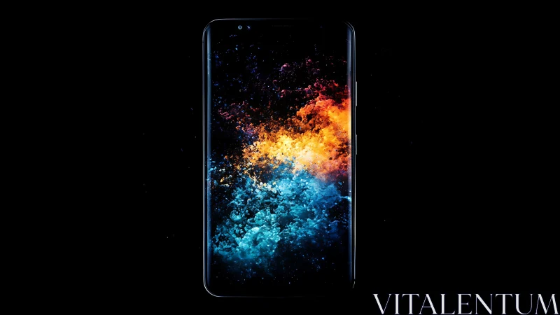 Smartphone display with abstract blue and orange particles.