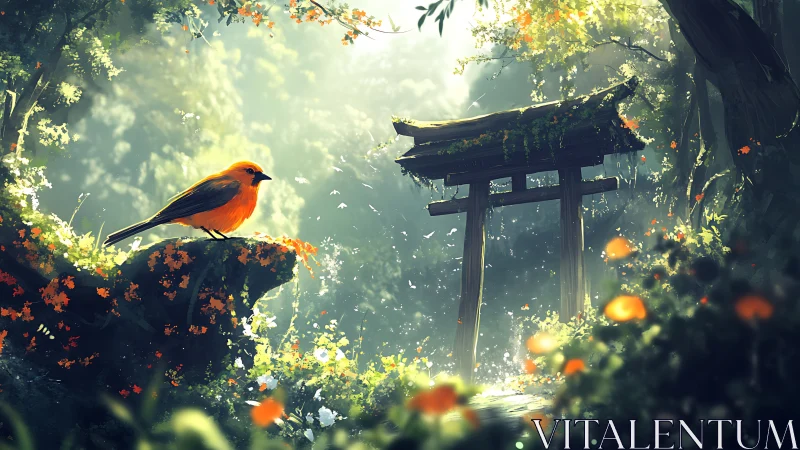 Orange bird on mossy rock near wooden shrine gate in forest.
