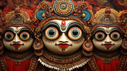 Joyful triple deity masks glowing in jewel-bright color.