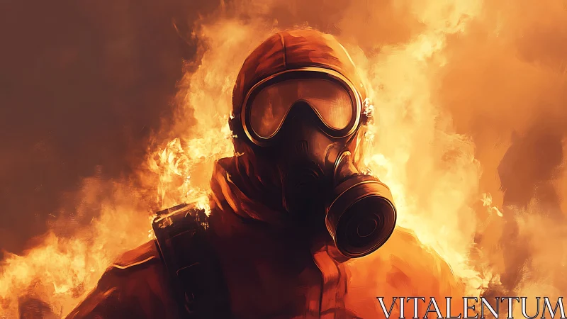 Hazmat Figure Silhouetted Through Inferno Backdrop.