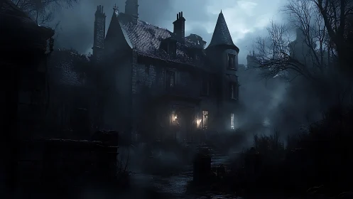 Nocturnal Gothic manor in volumetric mist and lunar backlight.