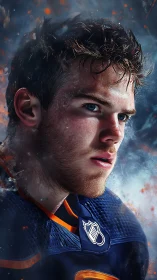Intense digital portrait of hockey player in dynamic blue light