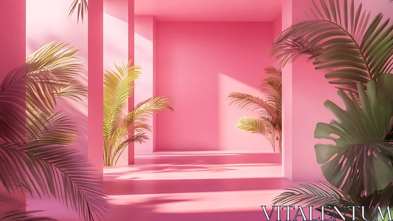 Pink architectural hallway with tropical indoor plants.