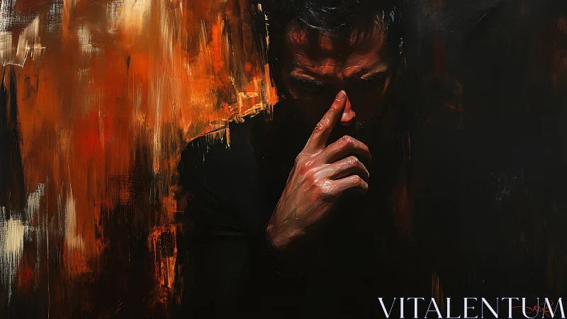 Chiaroscuro portrait isolates pensive male figure with gestural brushwork