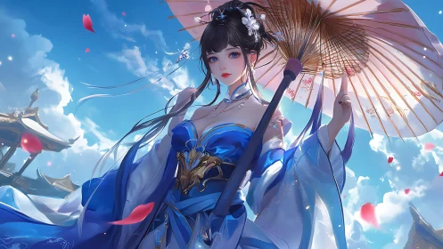 Female figure in blue hanfu under parasol in sky setting.