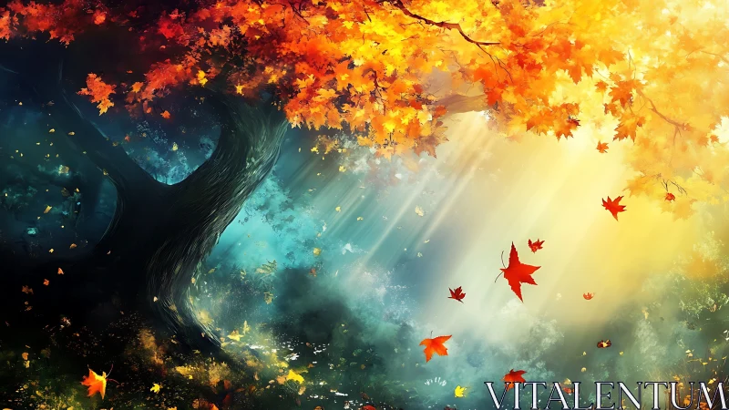 Autumn spellbound: crimson leaves dancing through sunbeams.