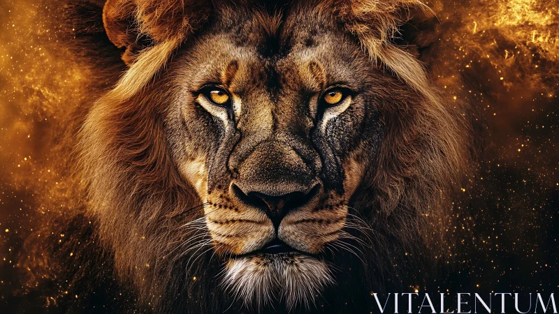 Symmetrical lion portrait with high-contrast, ember-like particle field