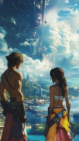 Skybound citadel above, seaside wanderers below in wonder.