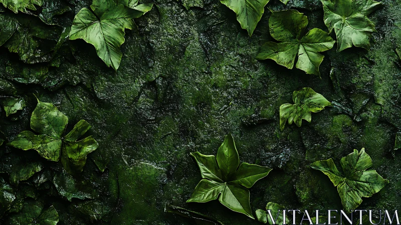 Verdant ivy foliage over mossy textured stone surface.