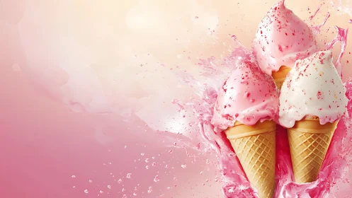 Strawberry cream ice cream cones splash in pastel pink