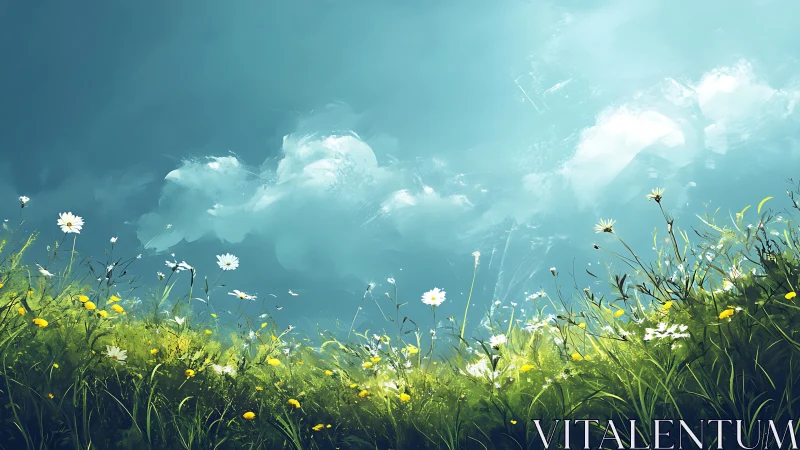 Wildflower hillside dreaming beneath brushstroke sky.