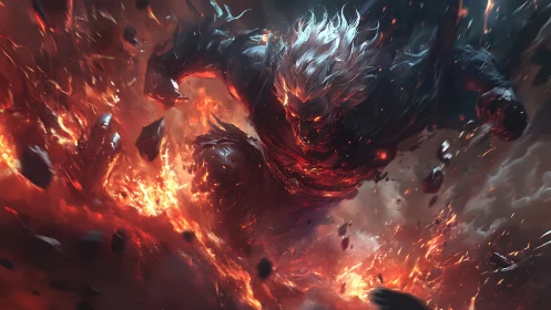 Fierce fireborn warrior charging through molten chaos.