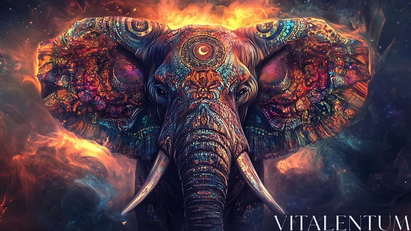 Intricate cosmic elephant portrait with luminous patterns.