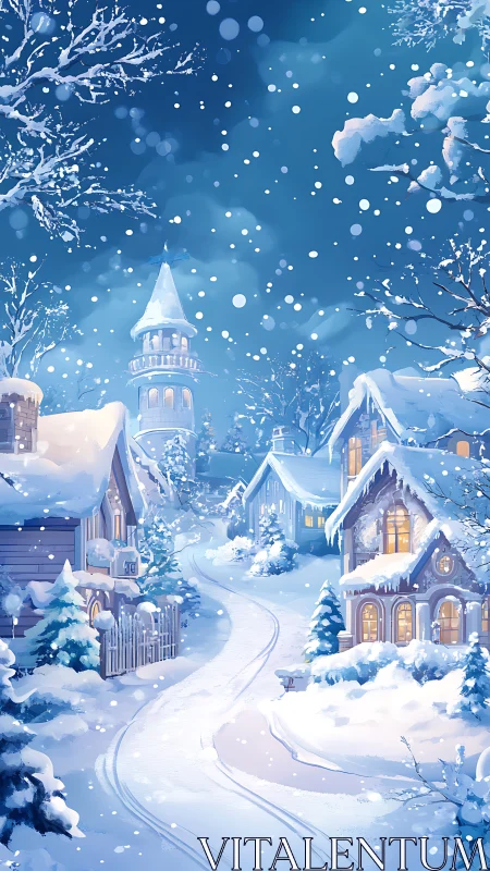 Snowy village street under glowing winter night sky.