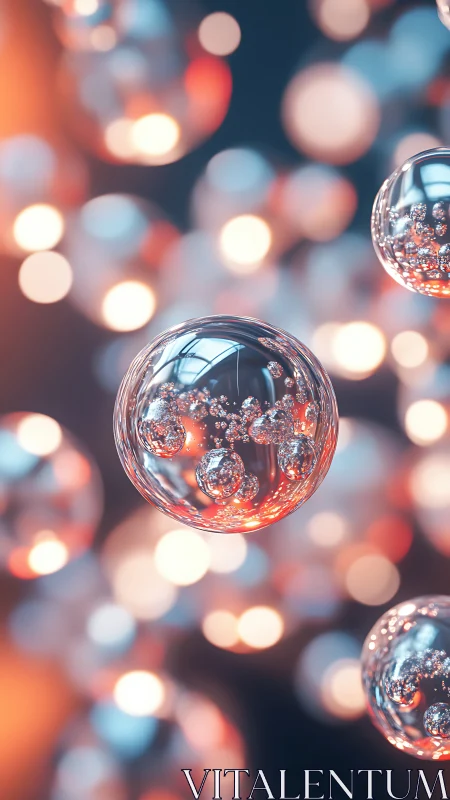 Rendered glass spheres display internal reflections and bokeh depth