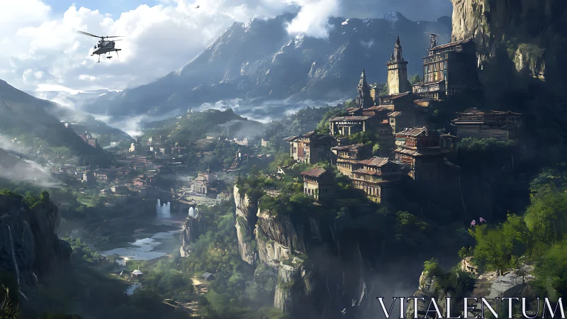 Helicopter surveys terraced cliffside citadel in expansive alpine valley