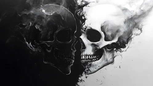 Twin smoke-skulls collide in stark monochrome chaos.