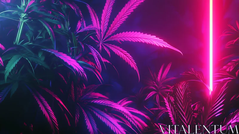 Neon cannabis foliage under magenta cyan rim lighting.