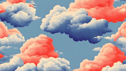 Layered digital clouds in blue and coral gradient sky.