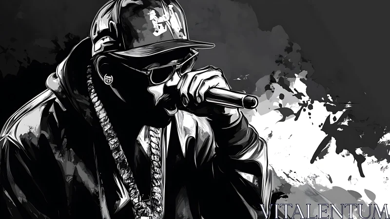 Monochrome hip hop vocalist in cap holding microphone onstage.