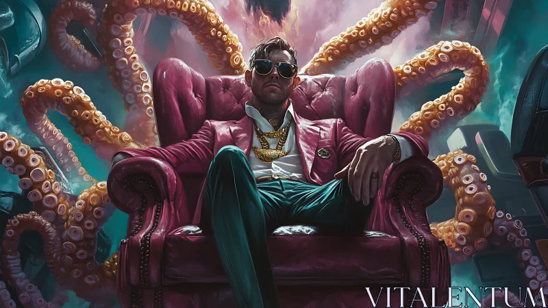 Digital painting of decadent kingpin on throne with tentacles.