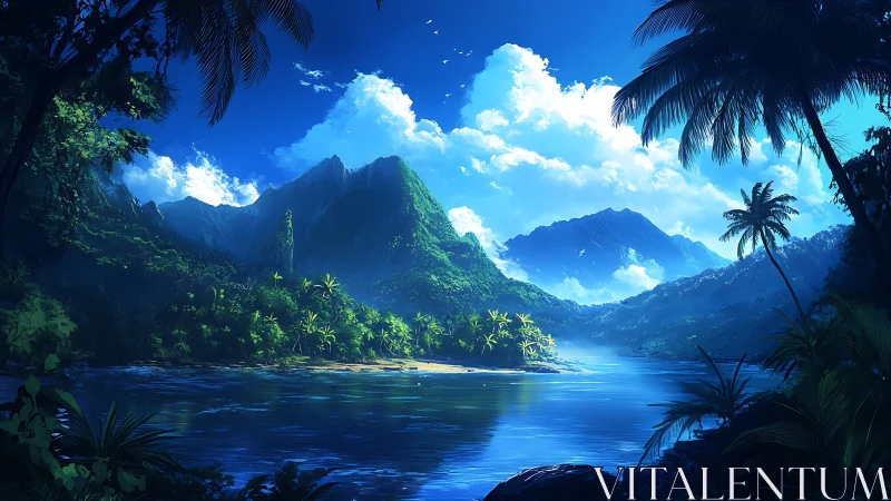 Tropical Fjord Valley with Mountain Range and Crystalline Waters.