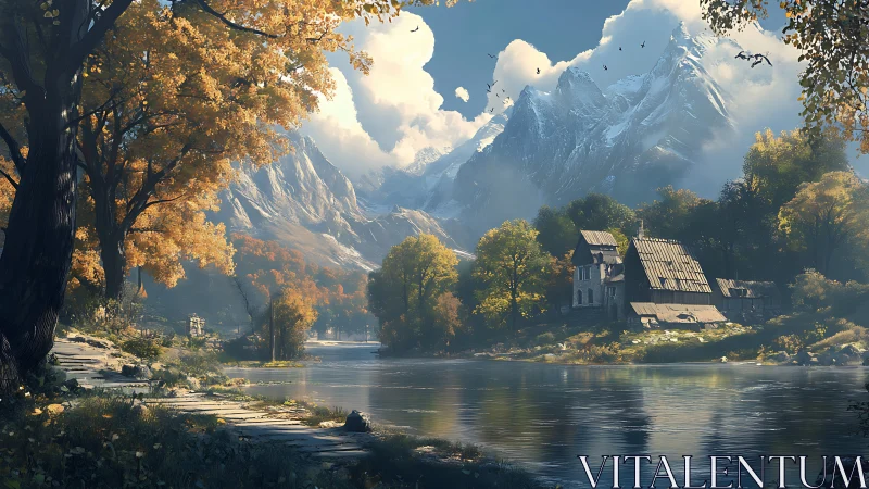 Mountain lake homestead under golden autumn light.