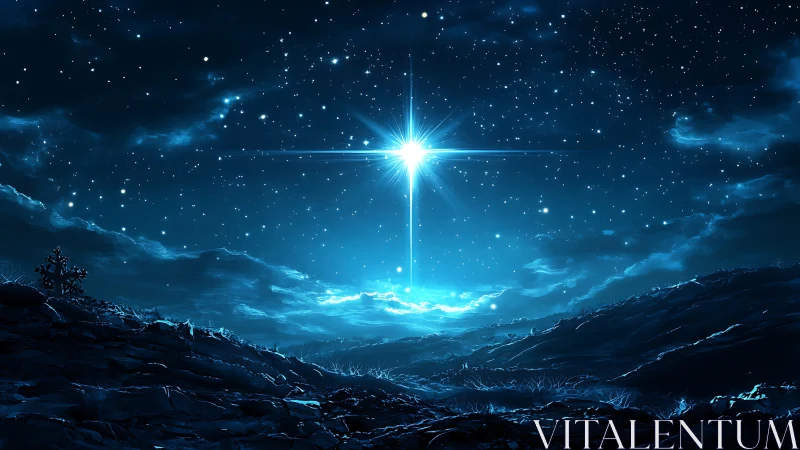 Night landscape beneath prominent star in dense sky field.