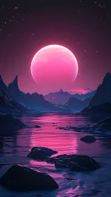 Neon lunar horizon illuminates alien fjord with iridescent glow