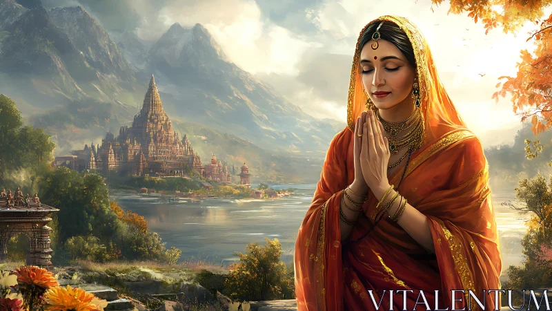 Woman in traditional attire before riverside temple complex.